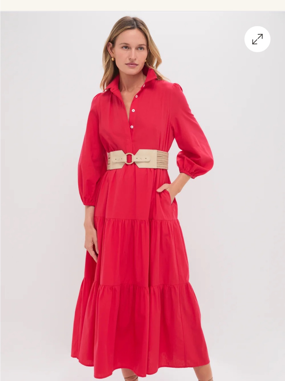 Pomander Place Red Tiered Maxi Shirt Dress with Puff Sleeves